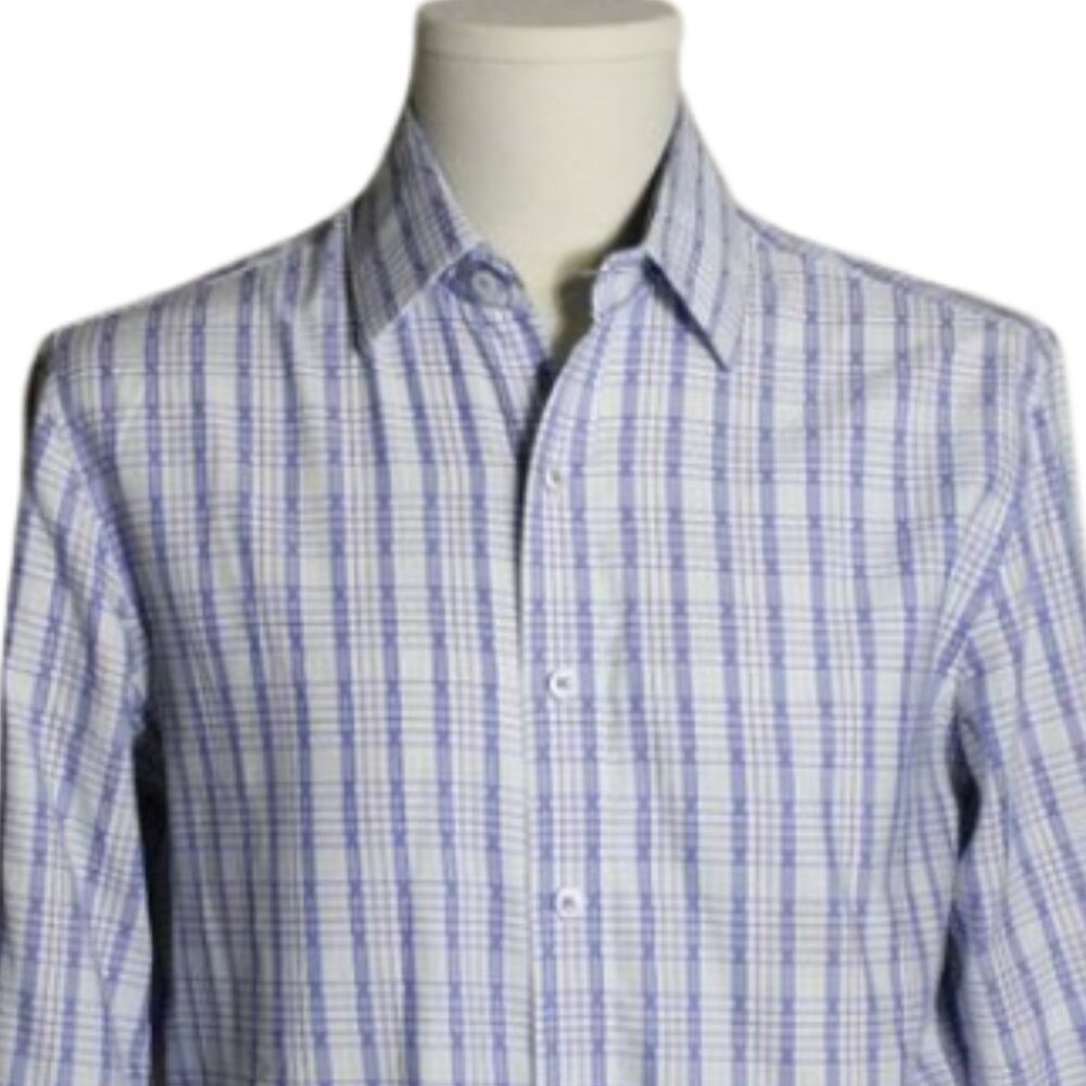 Tasso Elba SZ SM Indigo Blue, Aqua & White Plaid LS Men's Button Up Shirt